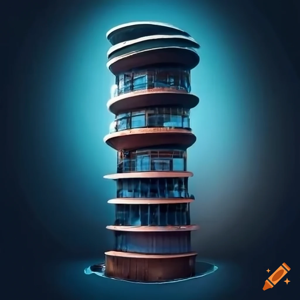 Sculpture of a twostorey building with glass vortex water fountain on