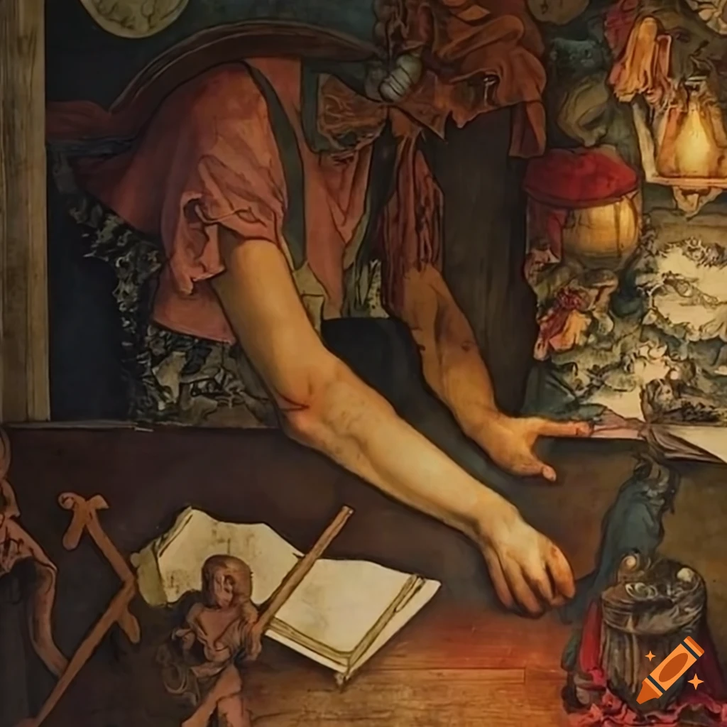 silkscreen print of an artist-magician in a rustic studio