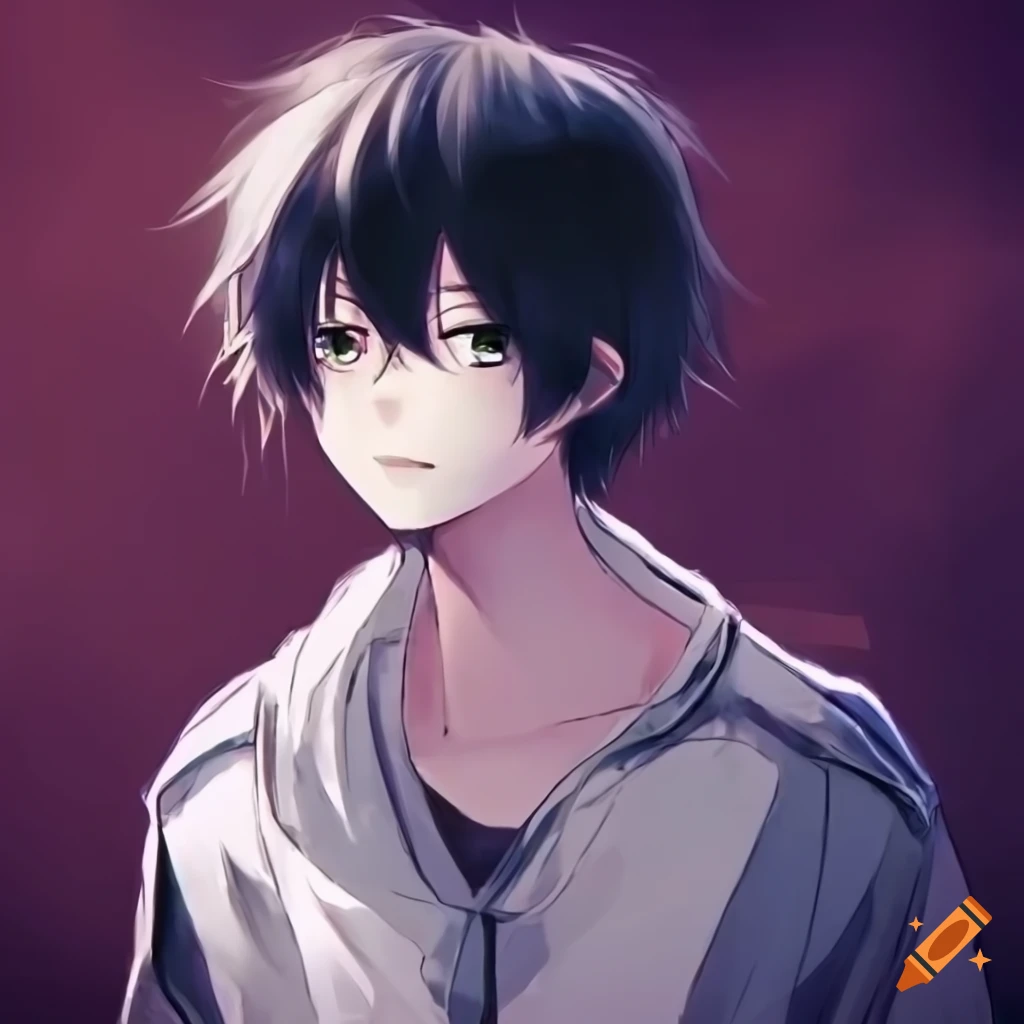 anime illustration of a shy boy with black fluffy hair