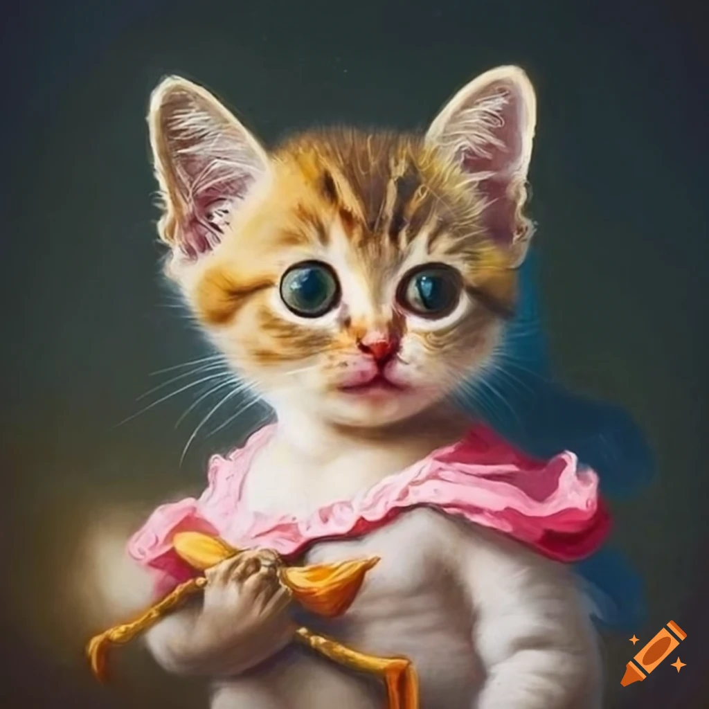 painted portrait of a small kitten dressed as Cupid