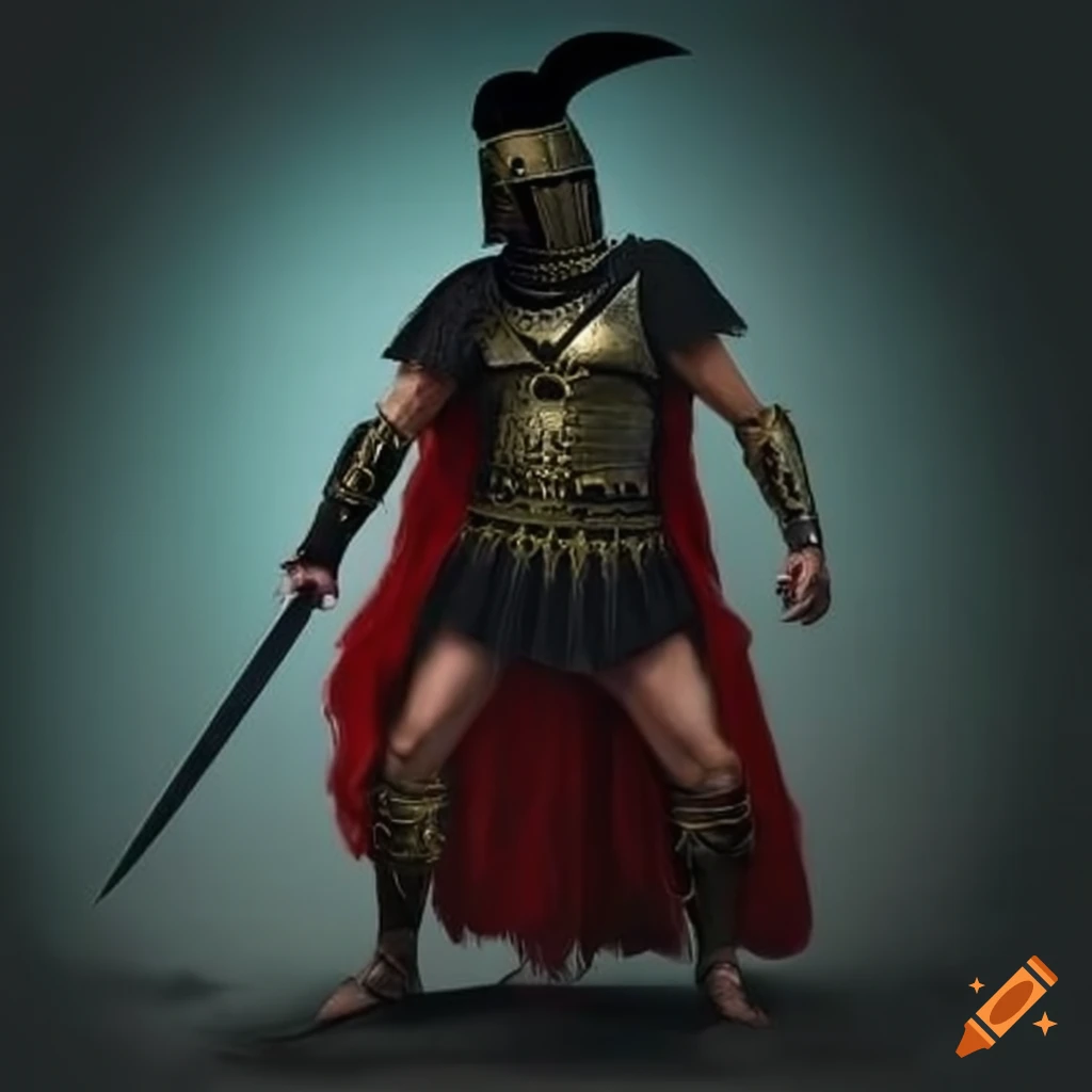 black-haired man in black Greek armor wielding a two-handed sword