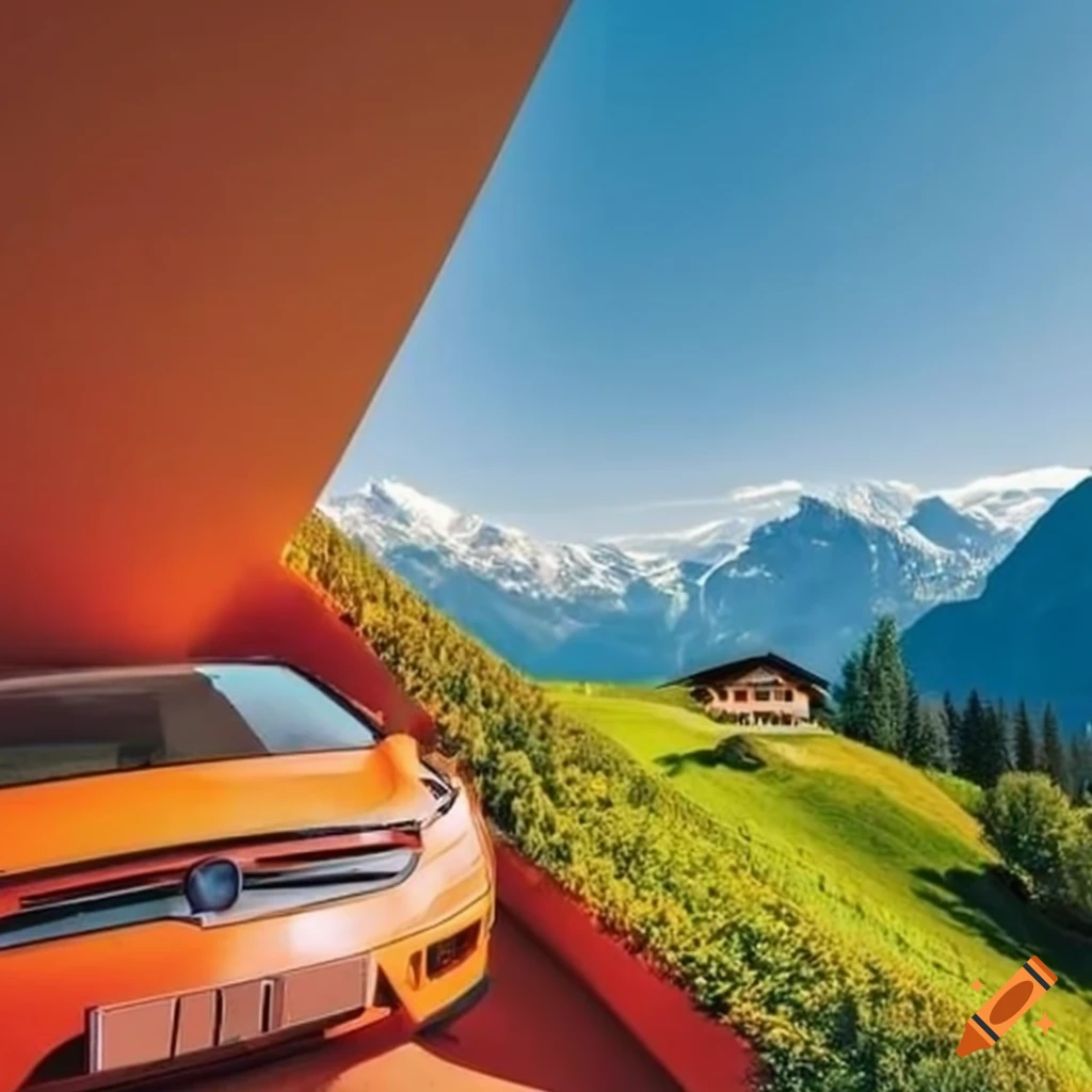 luxury house in Swiss Alps with orange car in the garden