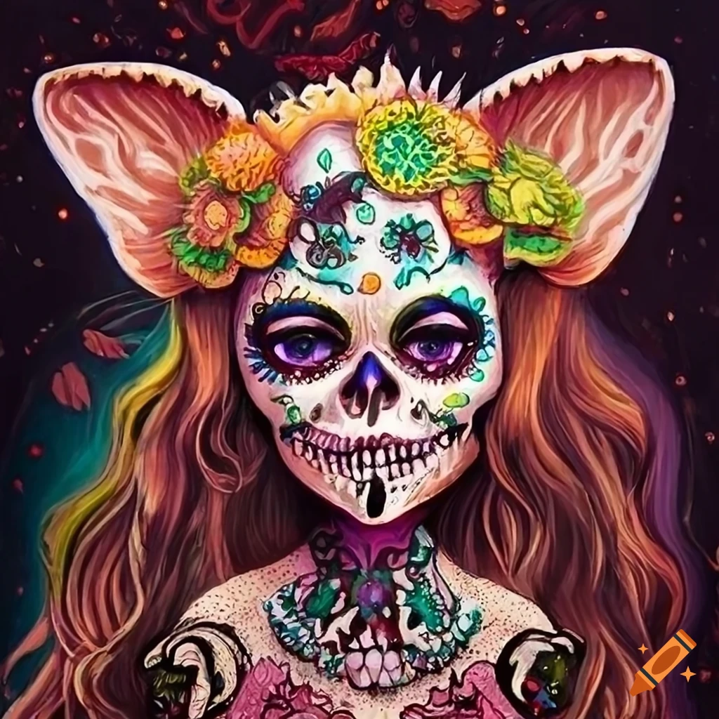 colorful fluffy sugar skull gremlin artwork
