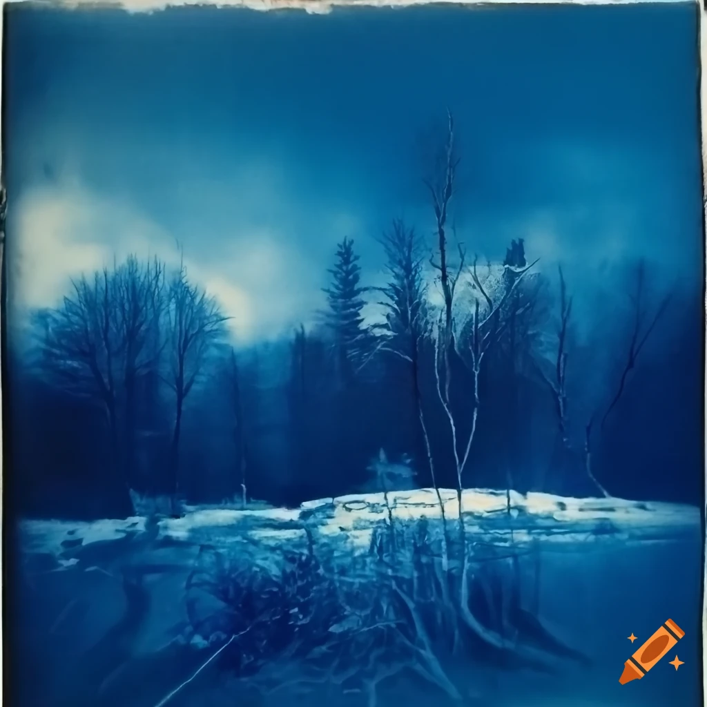 vintage cyanotype of a beautiful snowy landscape