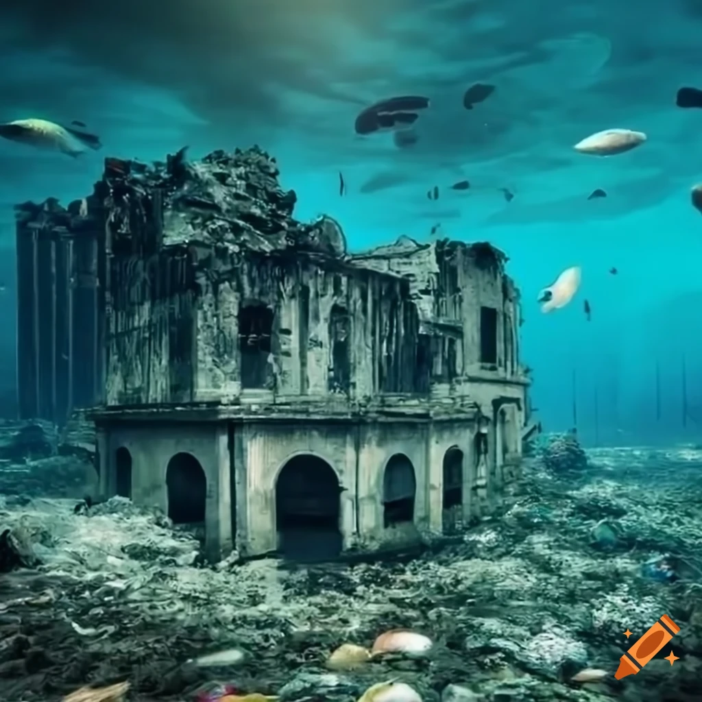 Hyper realistic underwater city with fish and plastic debris on Craiyon