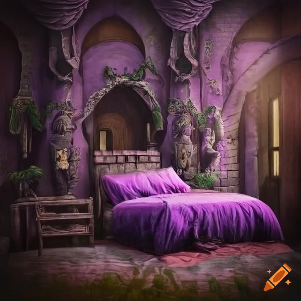Medieval castle bedroom with purple bedding on Craiyon