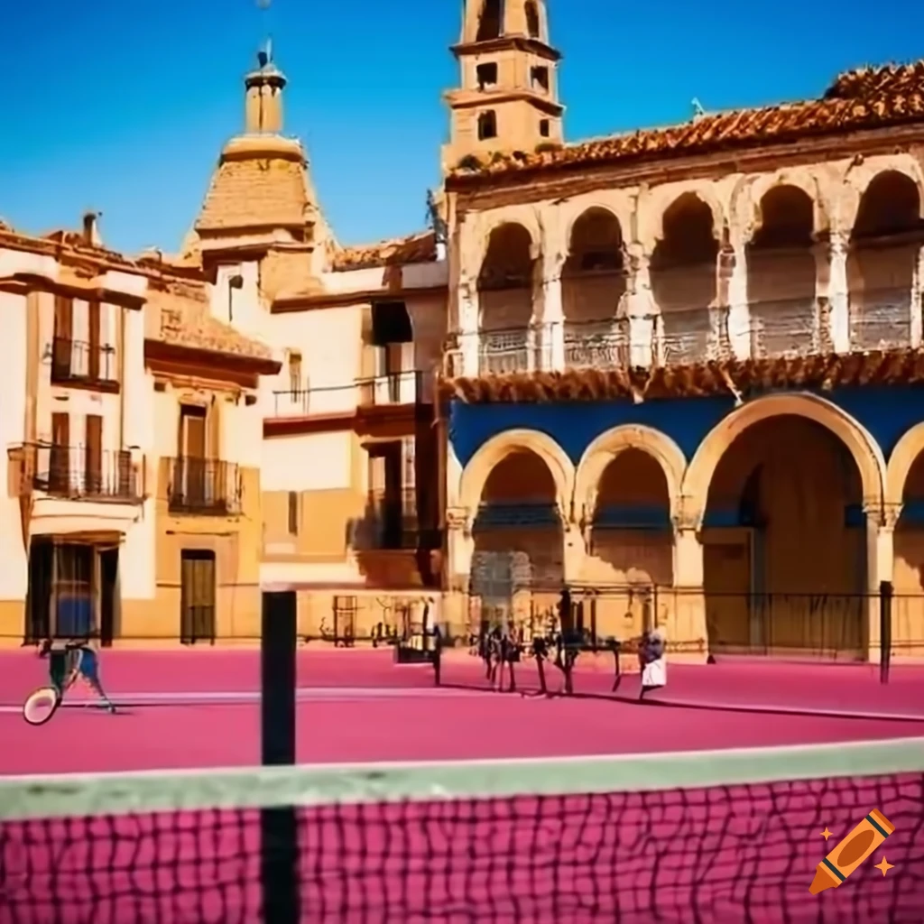 men playing pickleball in front of Spanish architecture
