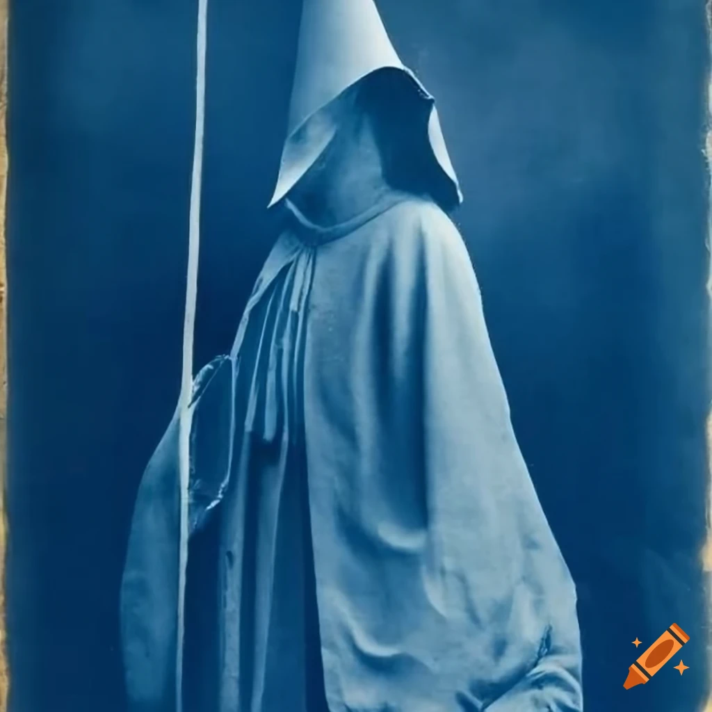 historic cyanotype of hooded penitentes in a village