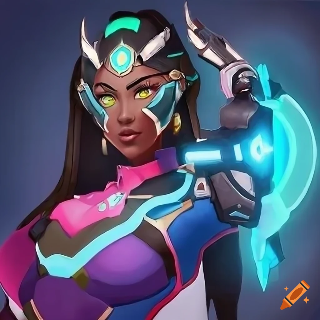 artwork of Symmetra and Dva fusion with cosplay elements