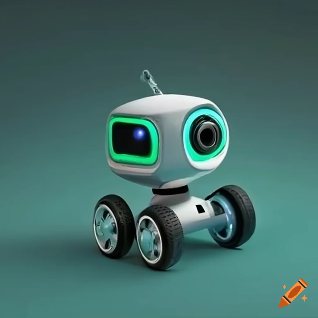 happy rolling robot with green eyes