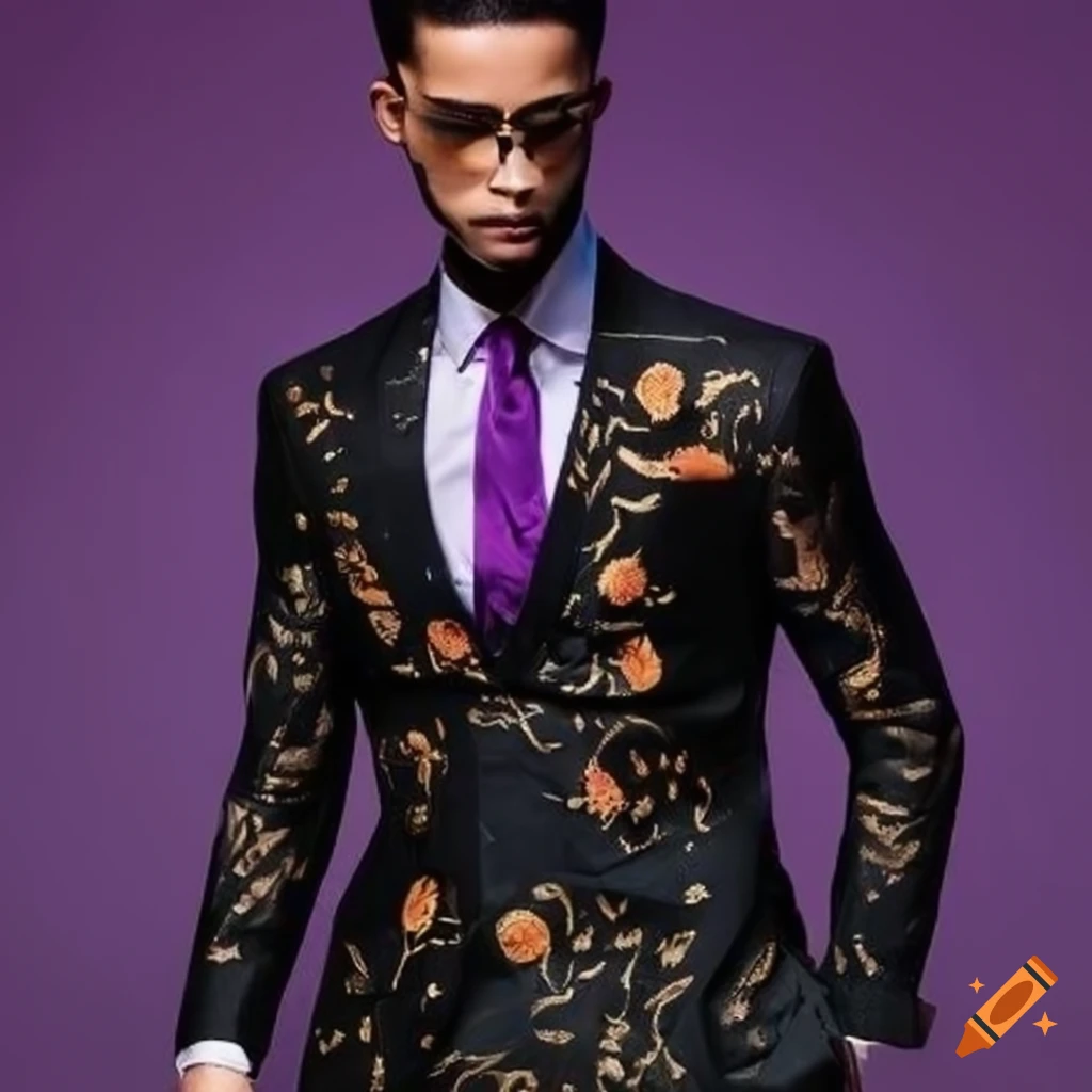 black suit with orange and violet embroidery