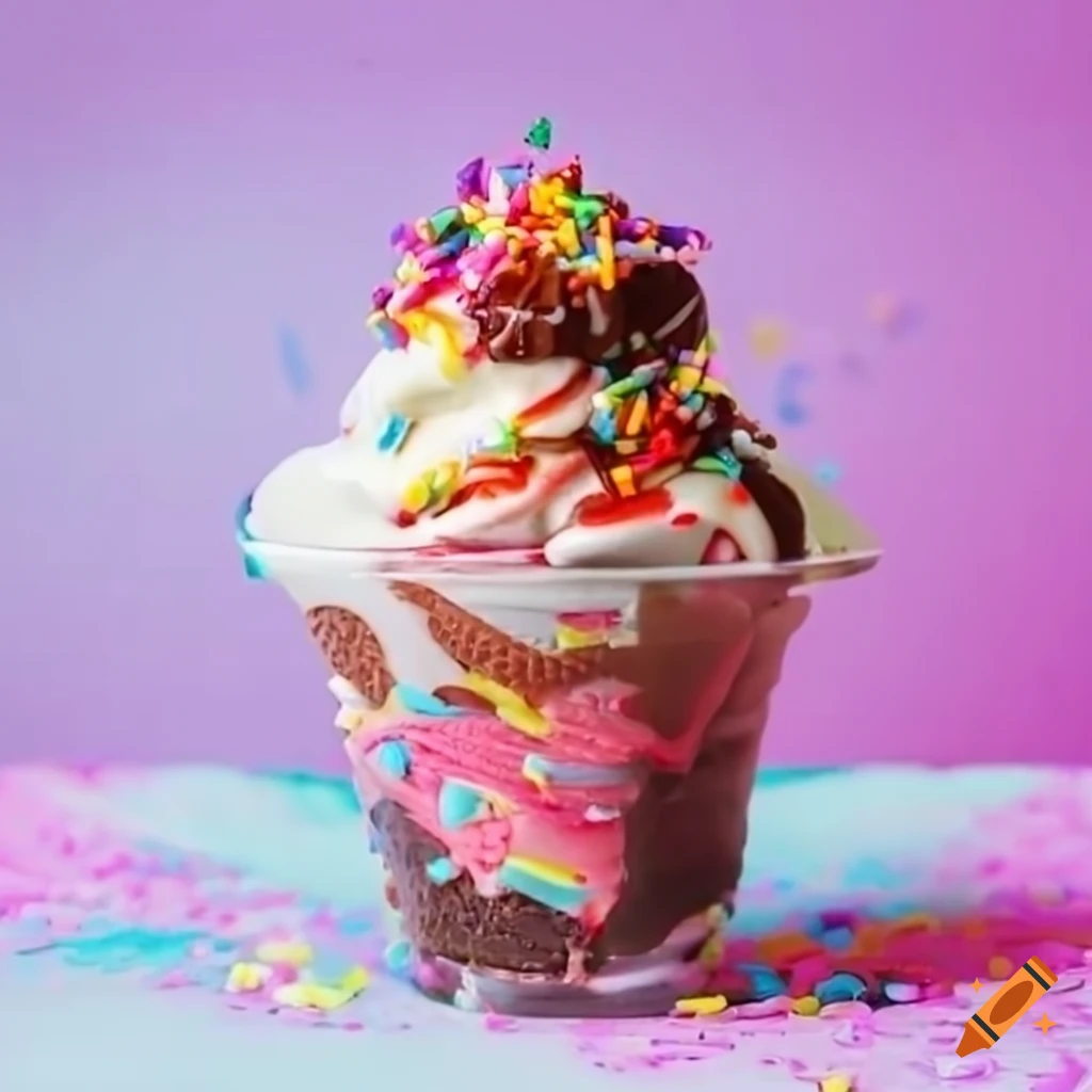 delicious ice cream sundae with fudge and rainbow sprinkles