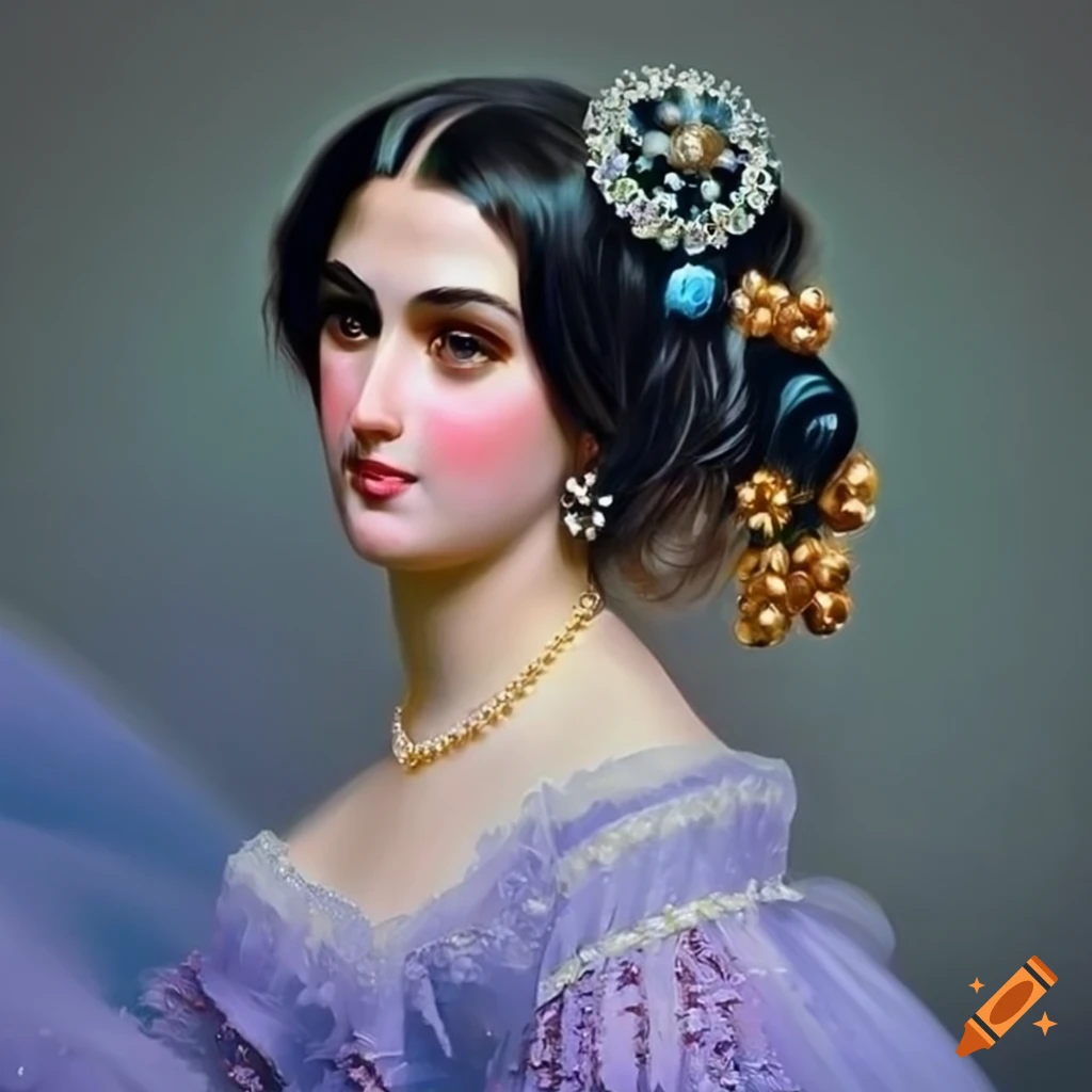 Elegant Portrait Of A Black Haired Blue Eyed Woman In Victorian Attire