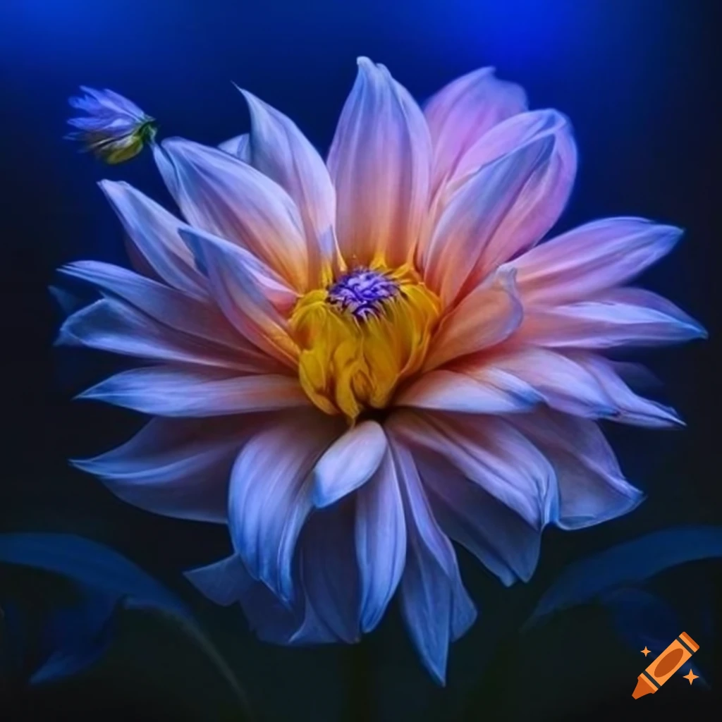 art nouveau style painting of a dahlia with blue hour lighting