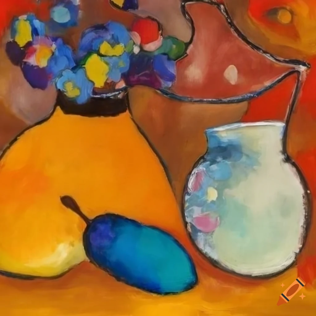 Oil Painting Of Wild Flowers In A Jar And A Pear In A Polka Dot Cup On 