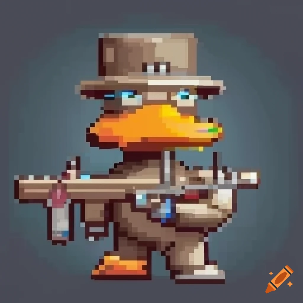 pixel art duck with blunderbuss and coonskin cap