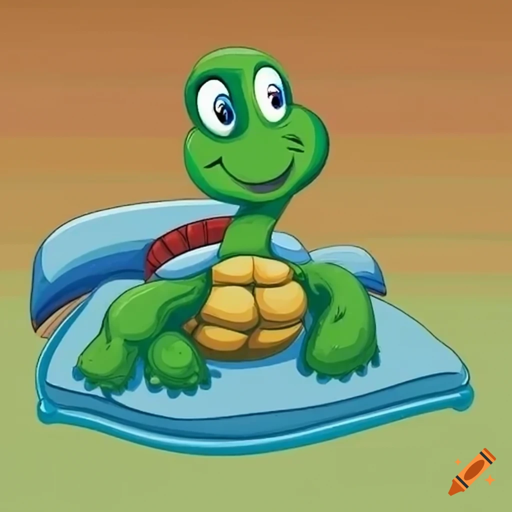 cartoon illustration of a turtle in a bed