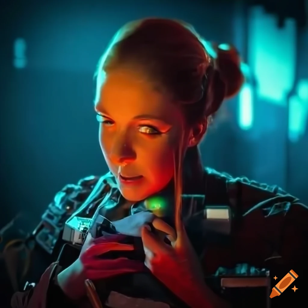 redheaded woman technician repairing a computer on a spaceship