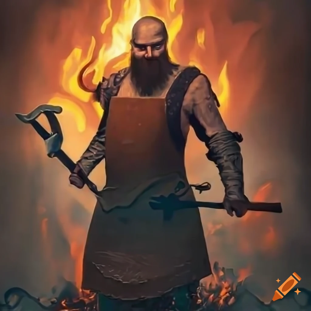 blacksmith holding a glowing sword next to a fire