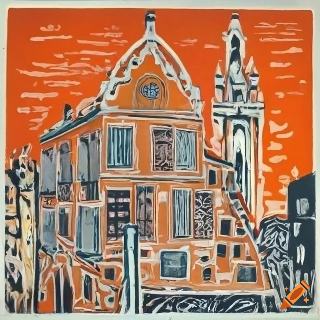Colorful lino print of men building a house