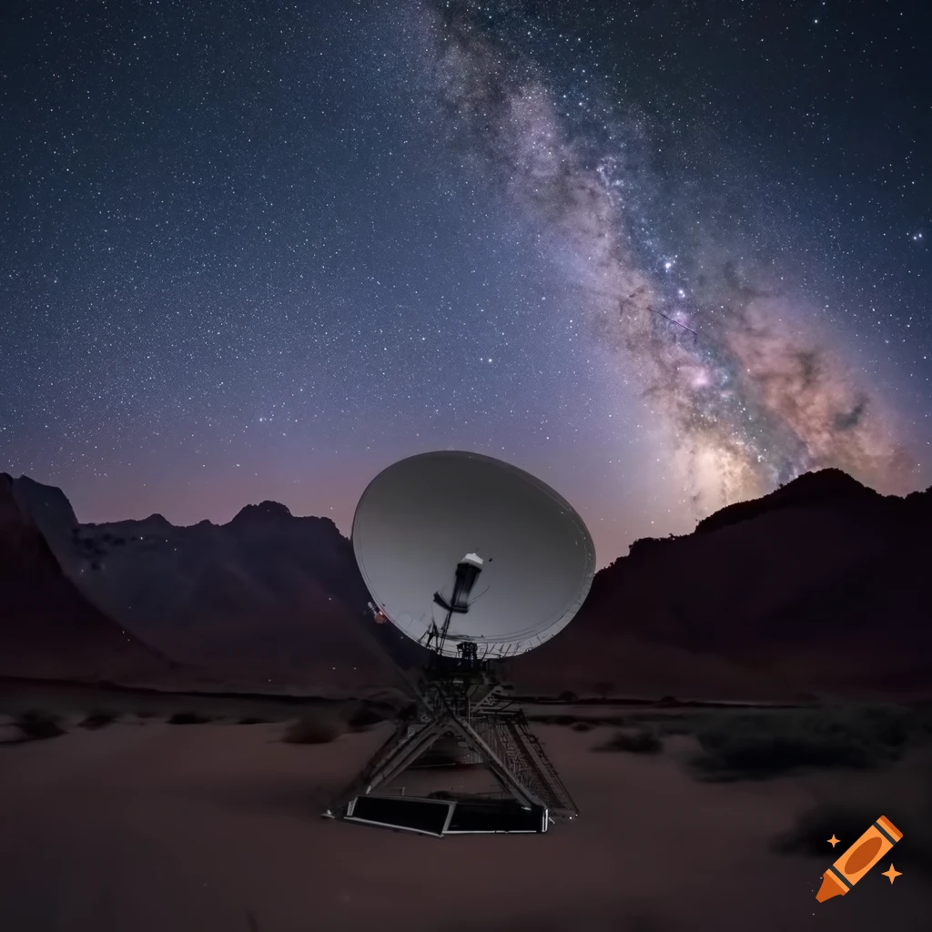 Detailed photo of a satellite dish pointing at the milky way on Craiyon