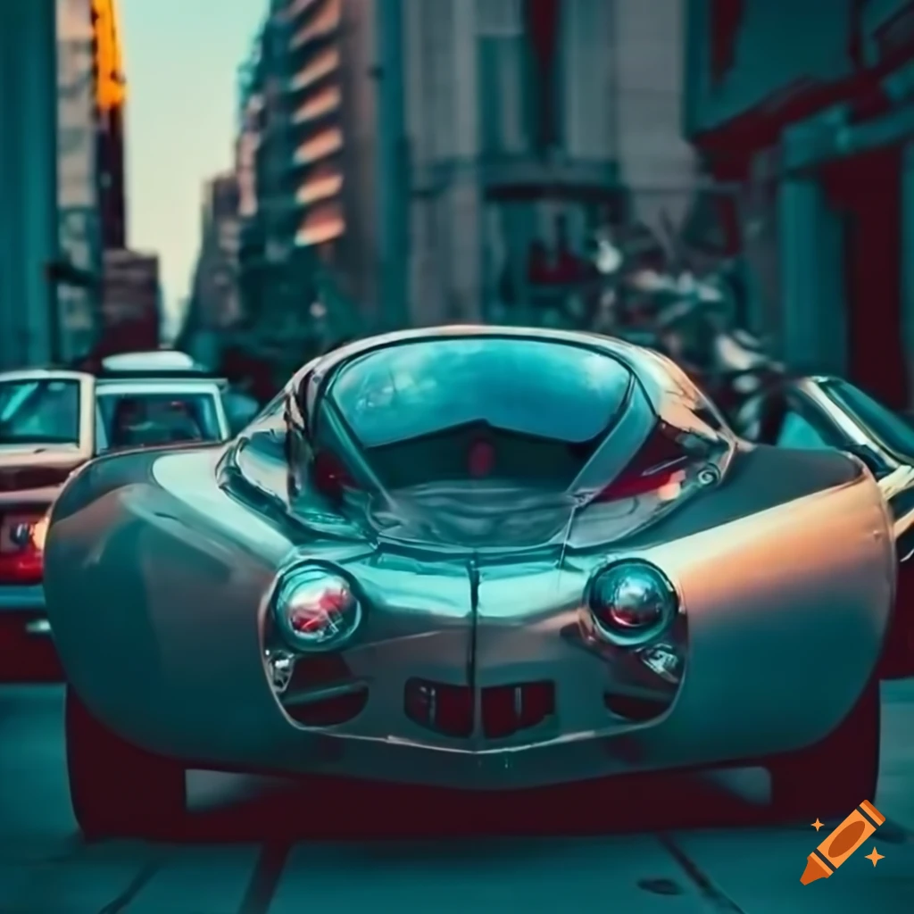 retro-futuristic car with a jet engine parked in the city