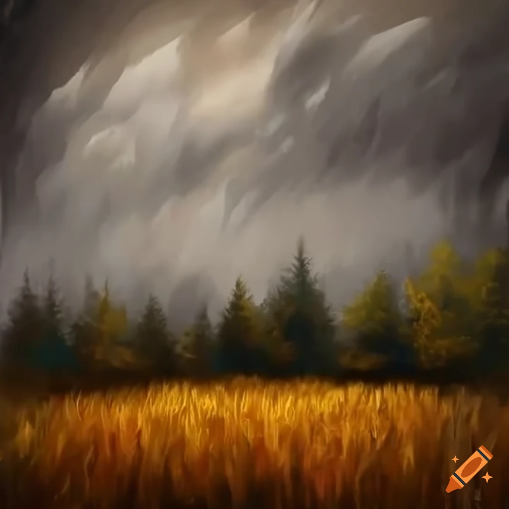 peinture d'un champ de blé avec une forêt sombre en arrière-plan