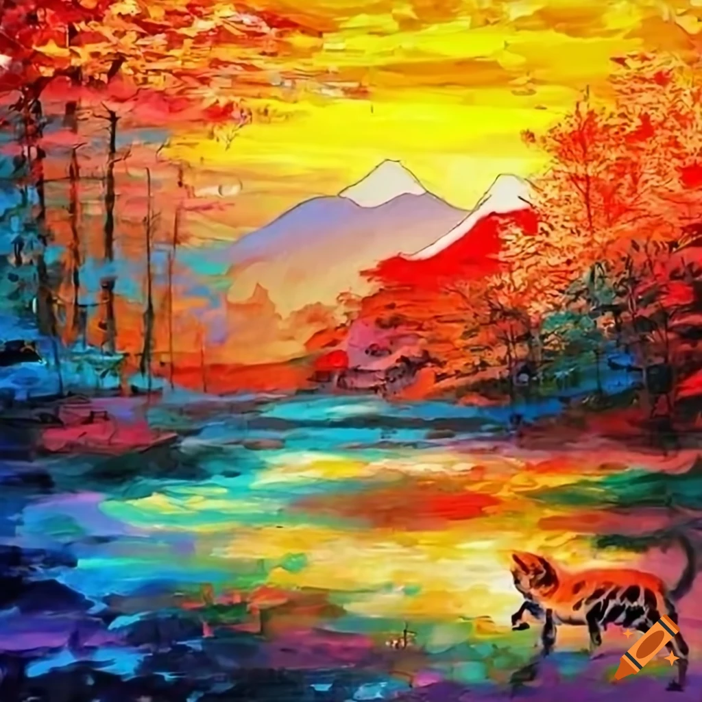 Japanese-inspired landscape with wild cats and contrasting colors