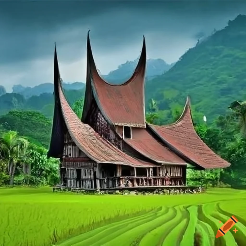 traditional Indonesian house in a rice field