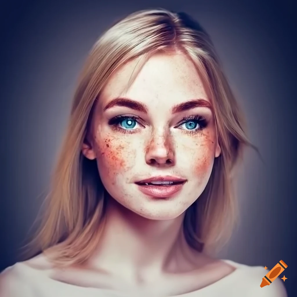 Portrait of a beautiful young woman with freckles and blonde hair on ...