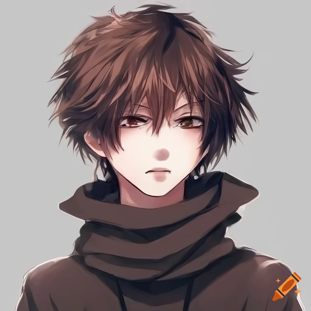 anime boy with fluffy dark brown hair and dark eyes