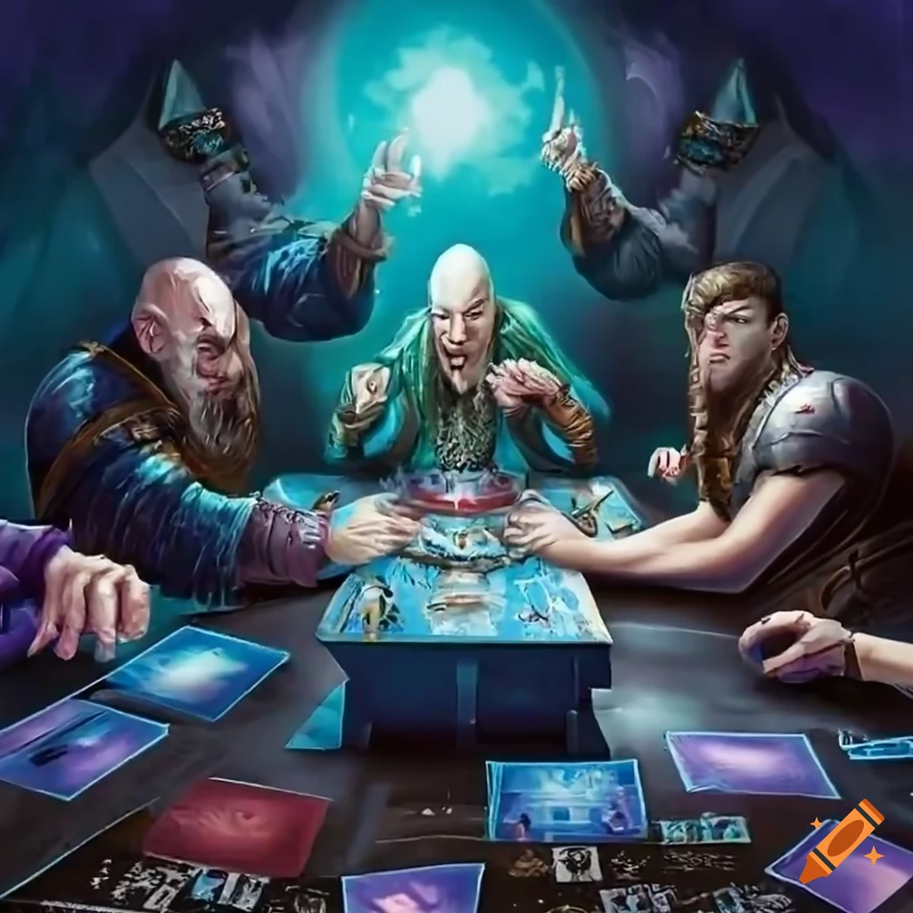 Group of wizards playing magic the gathering on Craiyon