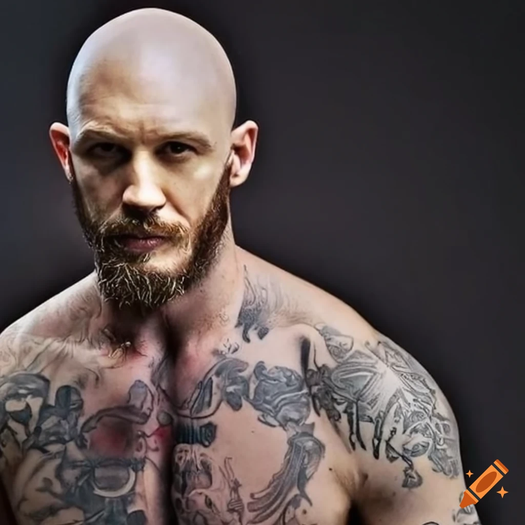 Studio portrait of shaved head sporty male with tattoos on his chest and  arms holds dumbbell. - Stock Image - Everypixel