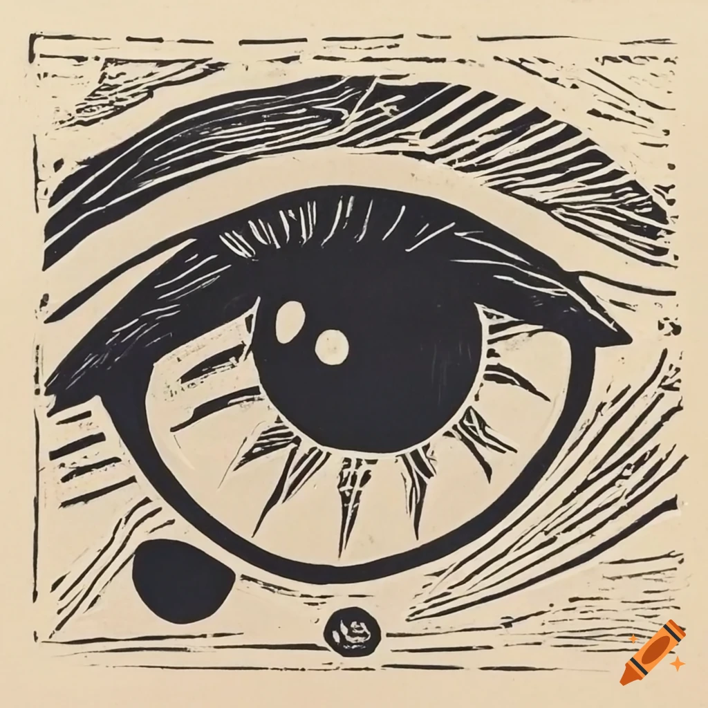 Linocut of visionary eye on Craiyon