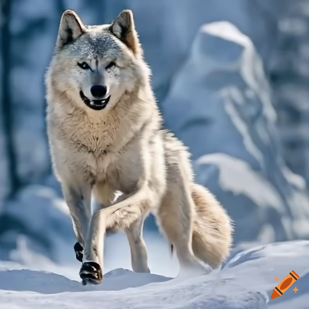 majestic white wolf running in snowy mountains
