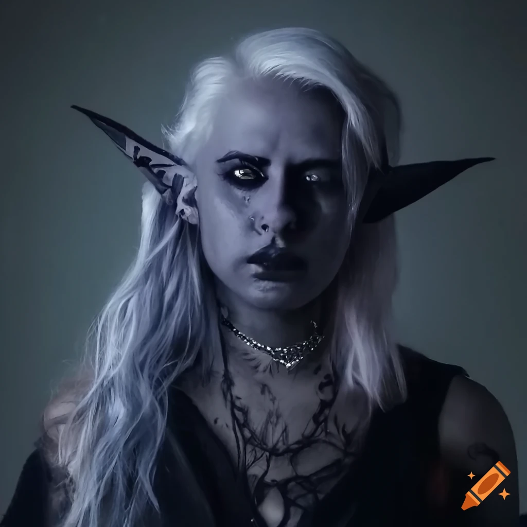 fantasy illustration of a non binary Drow druid with white hair and charcoal skin