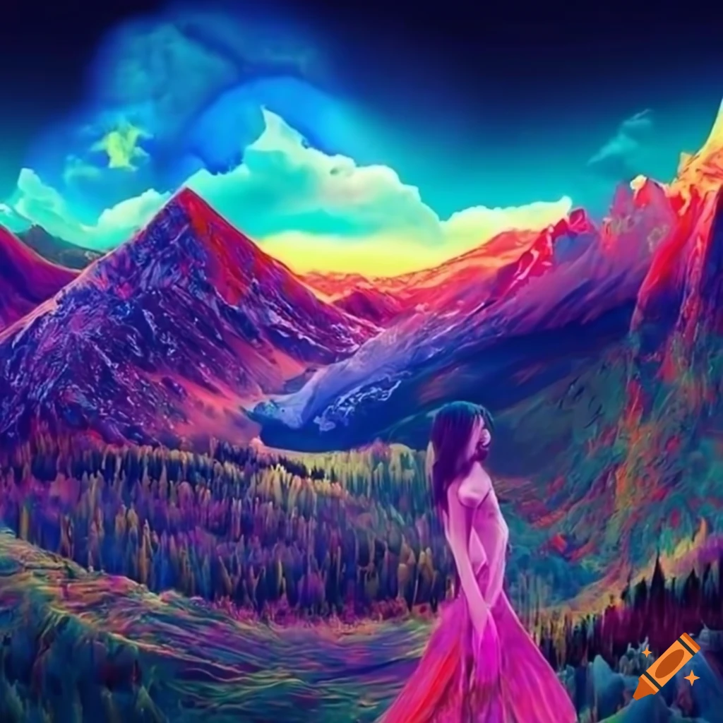 Psychedelic Mountain Landscape With A Girl On Craiyon
