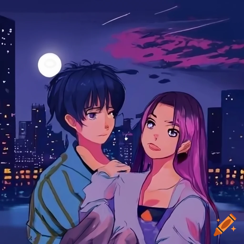 anime-style drawing of a couple with night skyline background