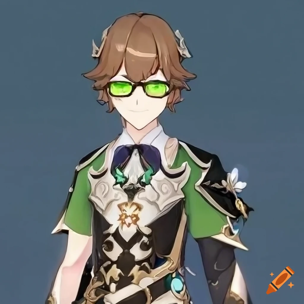 Genshin impact character with brown hair and green glowing eyes