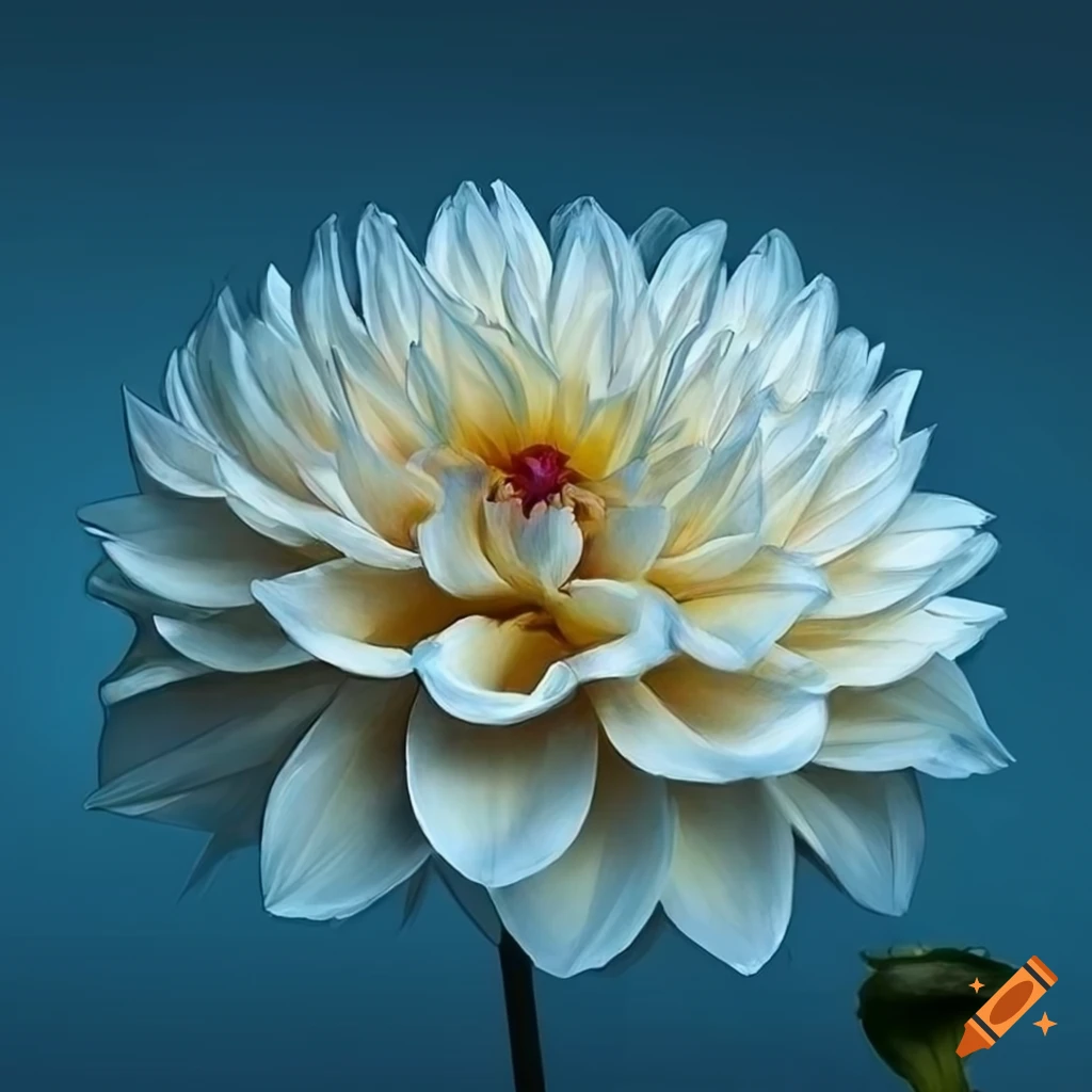 detailed art nouveau drawing of a white dahlia