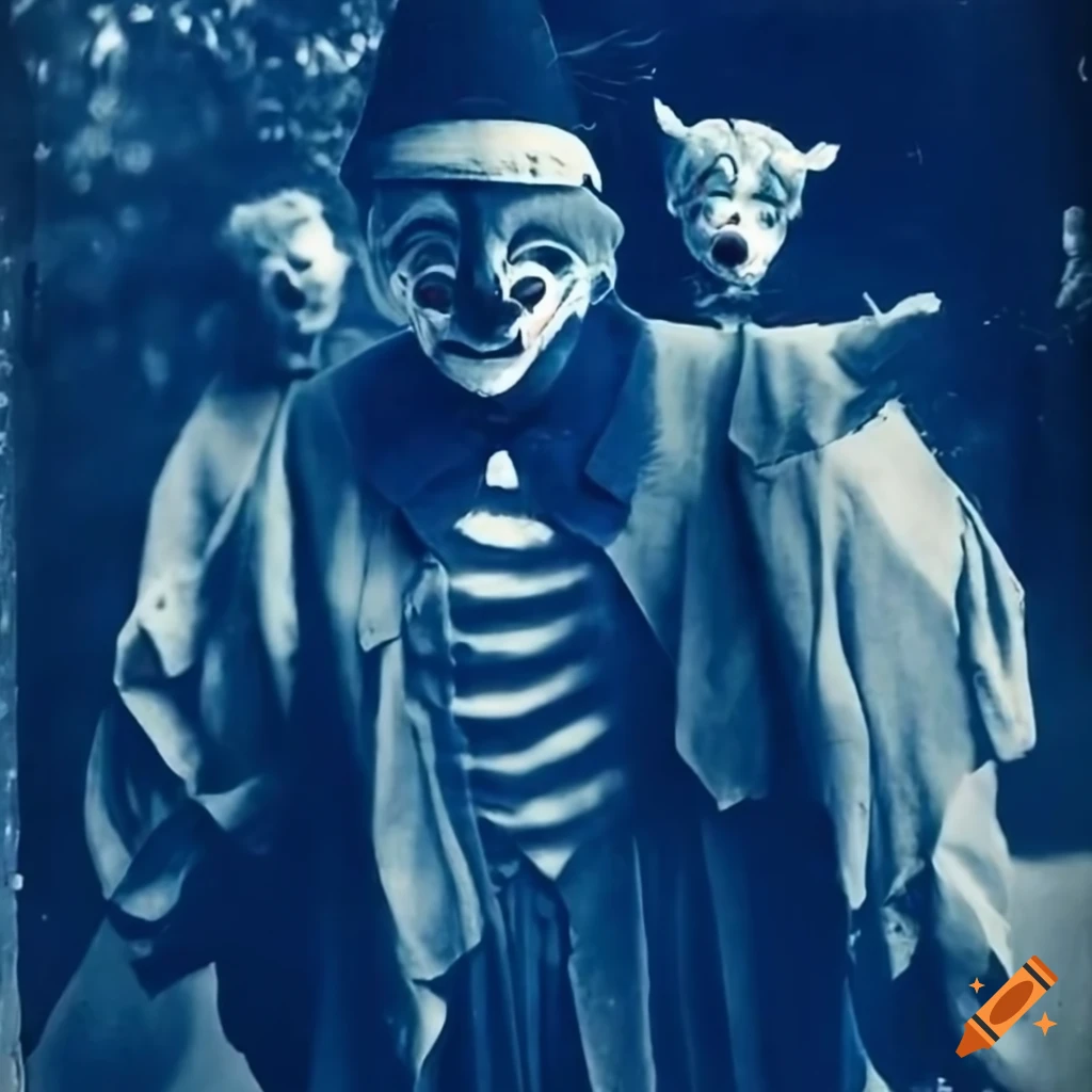 19th century cyanotype of clown cult members in animal masks on Craiyon