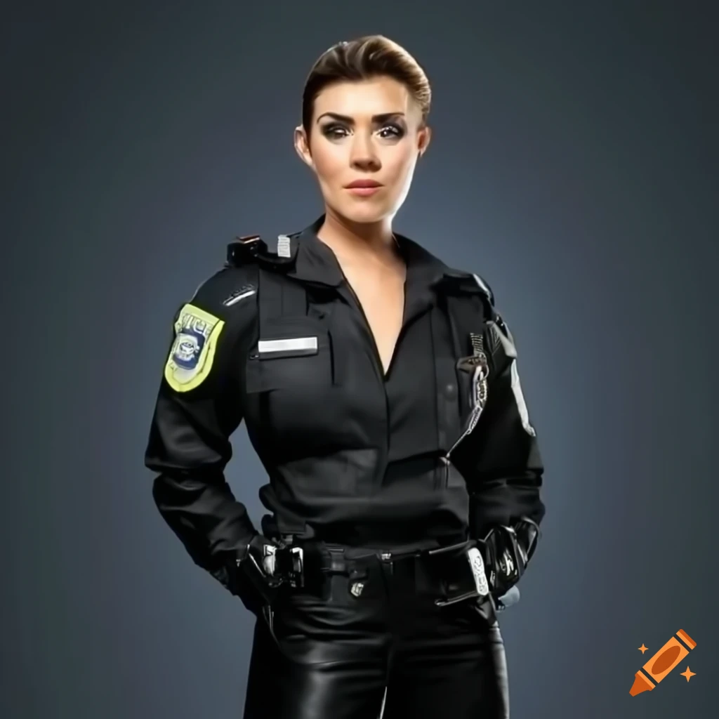 Confident Policewoman In Black Leather Trousers And Hi Vis Vest 1832