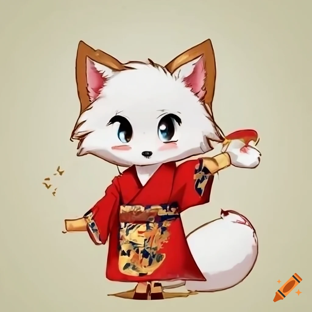 Chibi White Fox In A Red And Gold Kimono