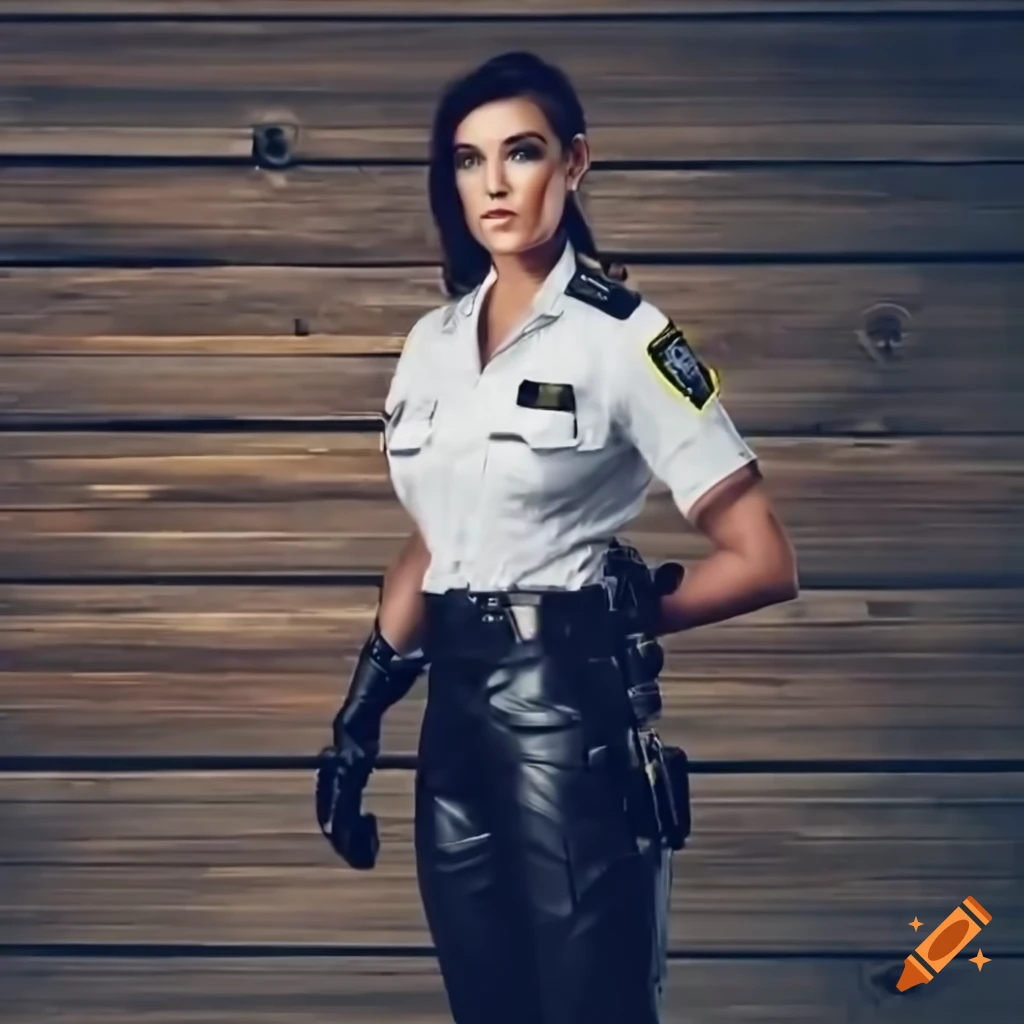 Rear view of a policewoman in a white shirt and black leather trousers ...