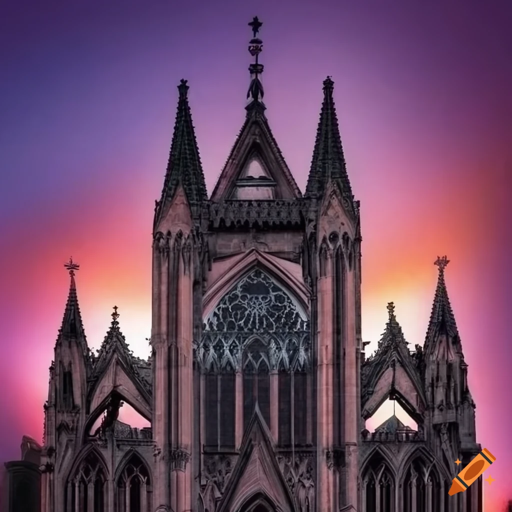 gothic cathedral with pink sunset