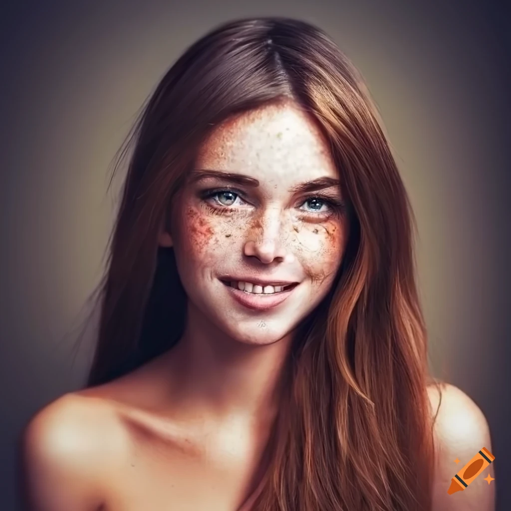 Portrait of a beautiful young woman with freckles and brown hair on Craiyon