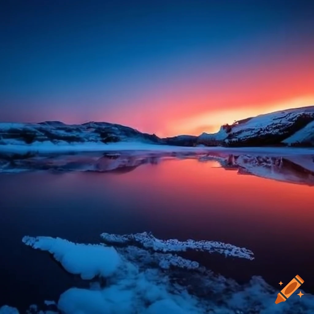 frozen landscape with fiery sky