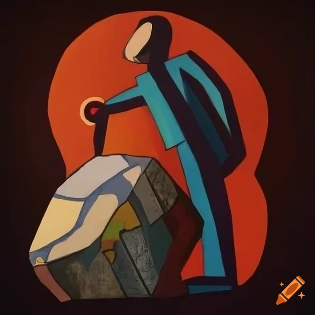 cubist art of a man carrying a heavy rock