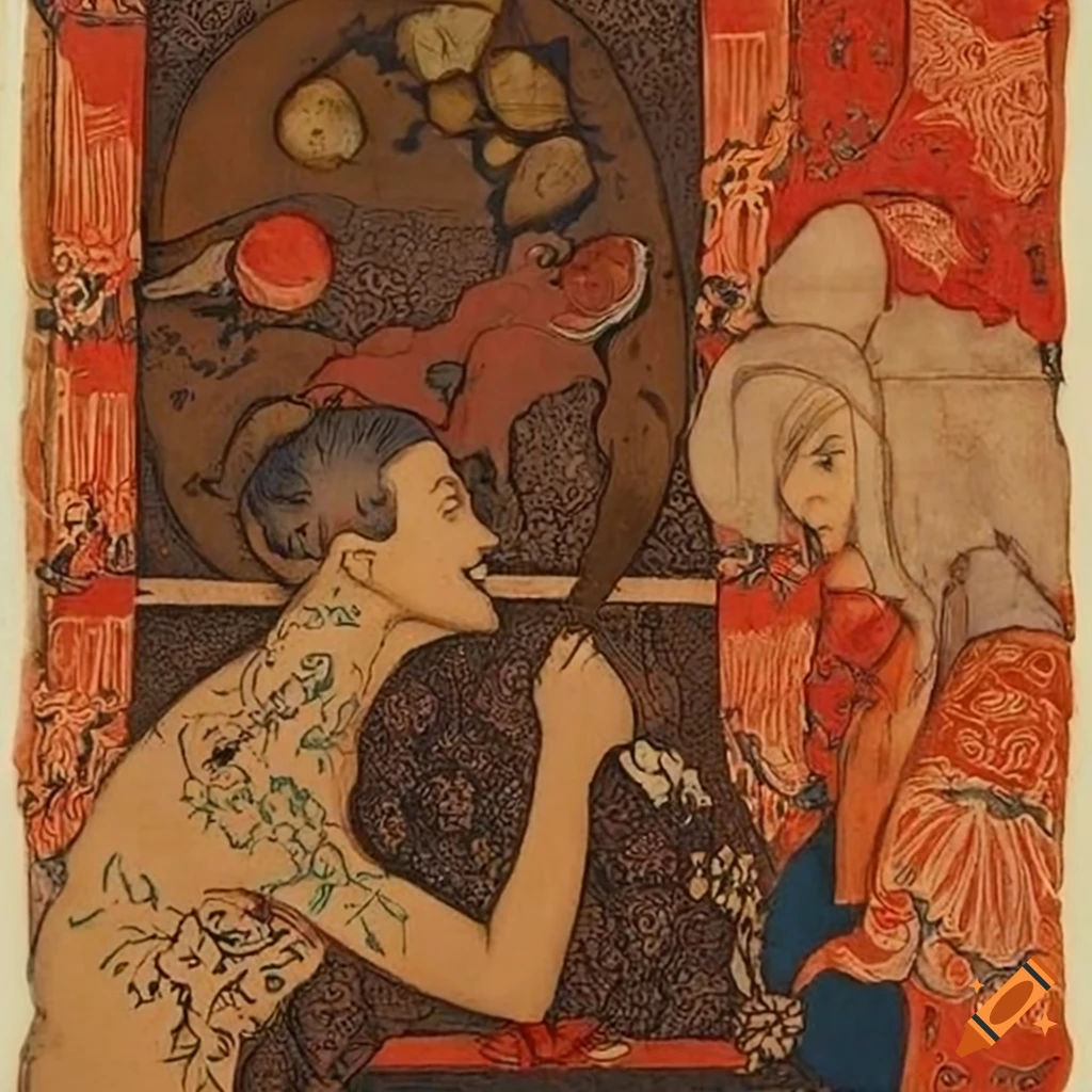 oriental block-print of an artist-magician painting