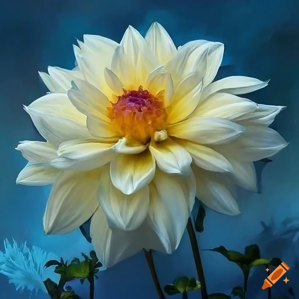 painting of a white dahlia in art nouveau style